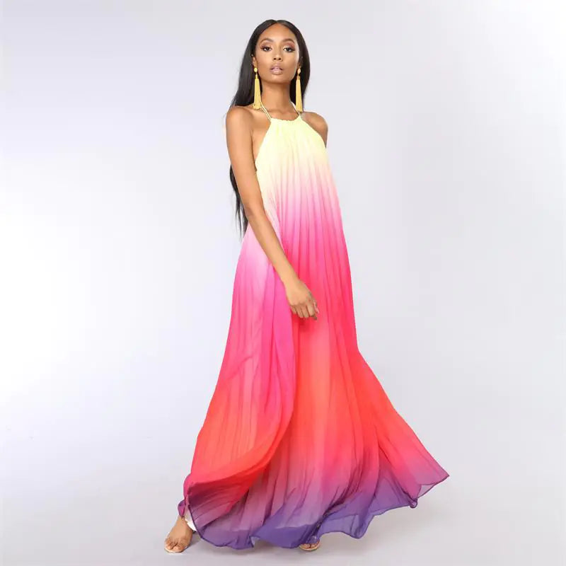 Gradient Pleated Chiffon Halter Dress