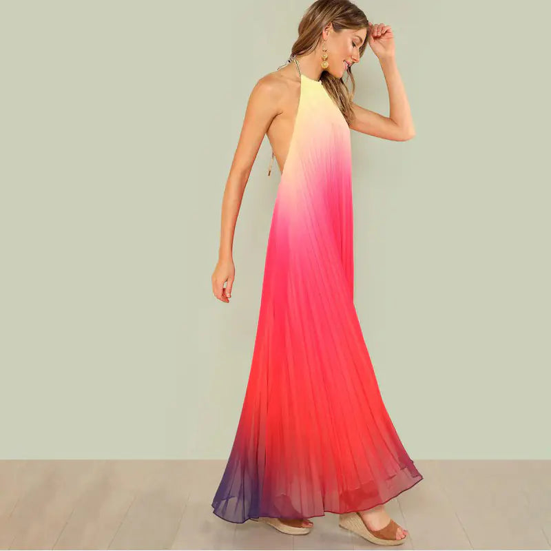 Gradient Pleated Chiffon Halter Dress