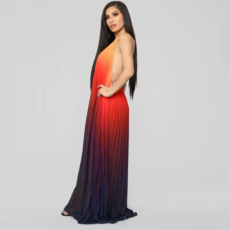 Gradient Pleated Chiffon Halter Dress