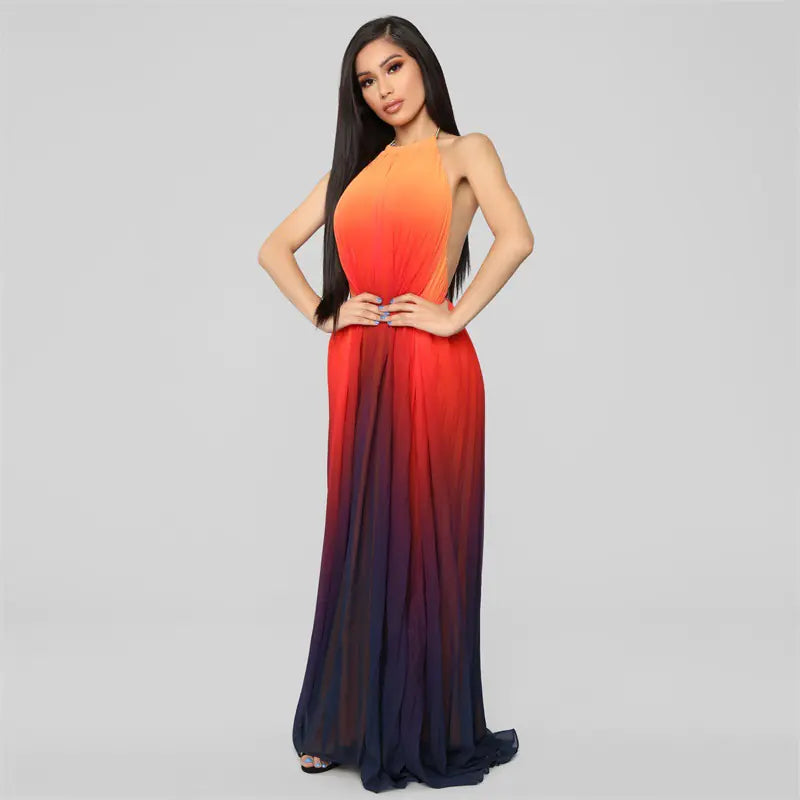 Gradient Pleated Chiffon Halter Dress