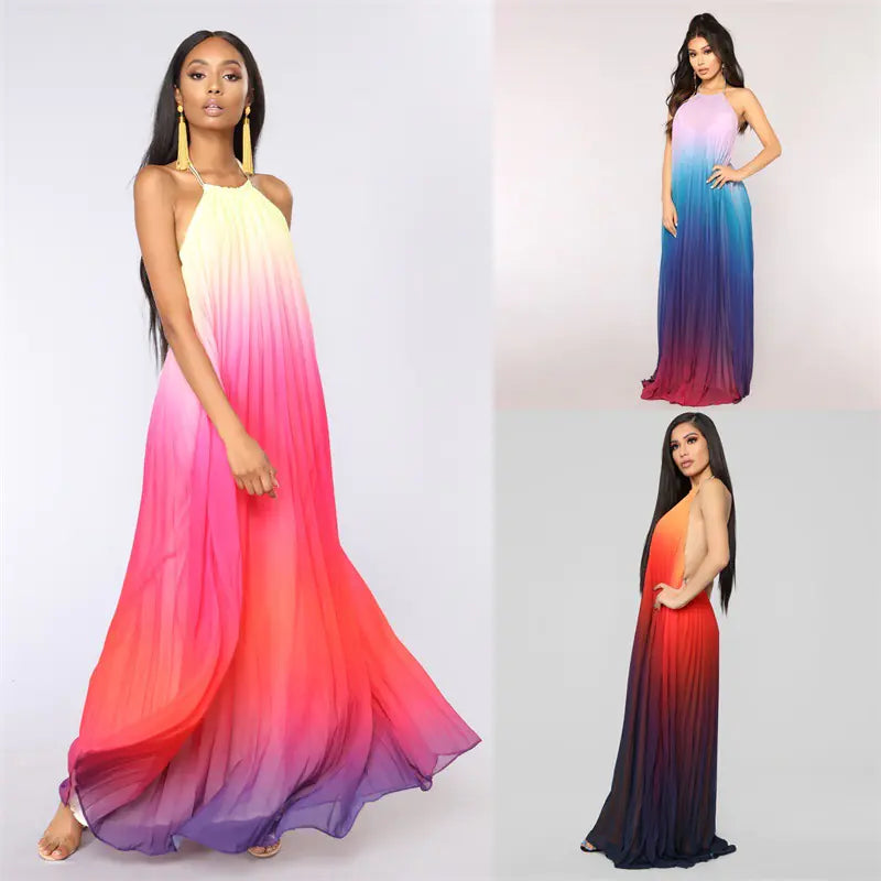 Gradient Pleated Chiffon Halter Dress