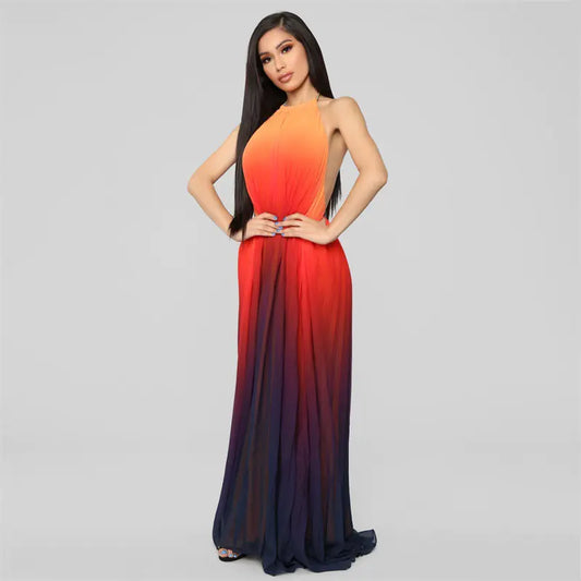 Gradient Pleated Chiffon Halter Dress