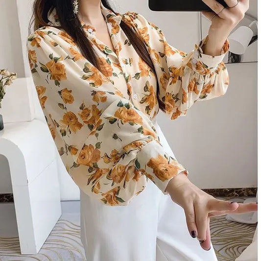 Chiffon Fashion Print Women's Office Shirt