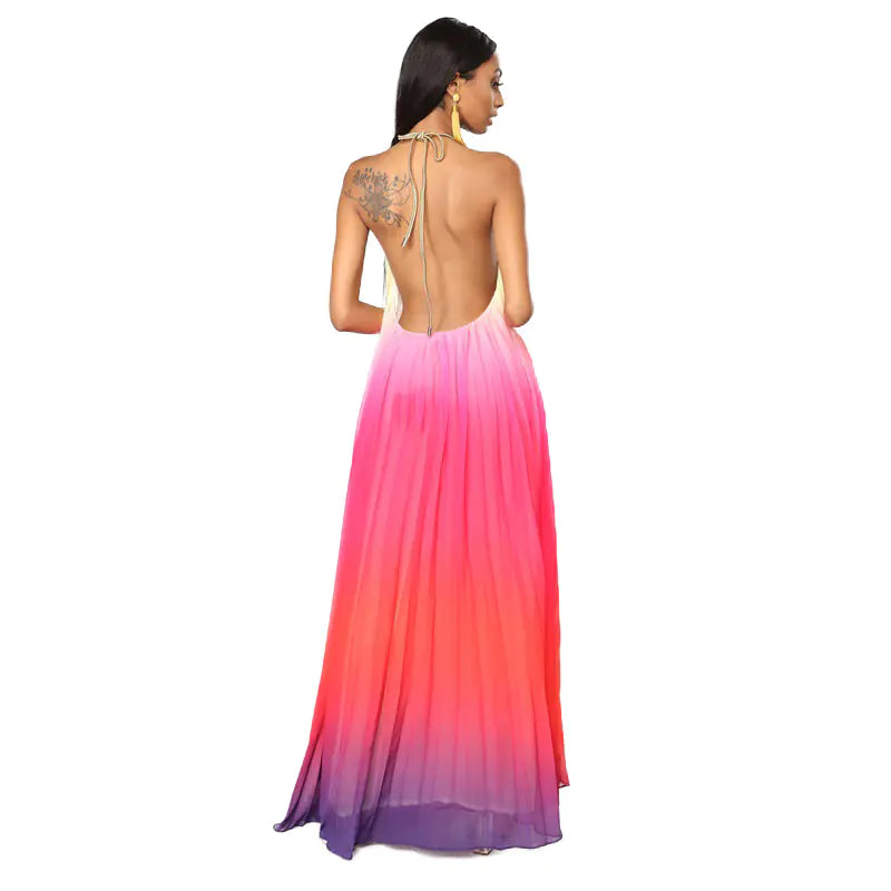 Gradient Pleated Chiffon Halter Dress